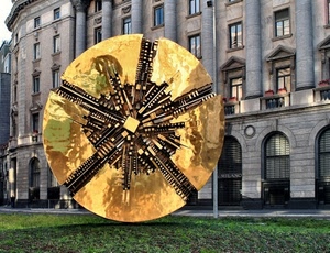 palazzo, oro, scultura, pomodoro, monumento, arte, erba, prato, finestre