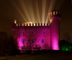 castello, luci, rosa, merli, viola, torre, notturno, torri