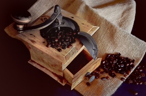 caffè, chicchi, macinino, sacco, iuta, cassetto, marrone, tela, legno
