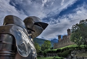 armatura, castello, nuvole, alberi, cielo, medioevo, elmo, ferro, torri